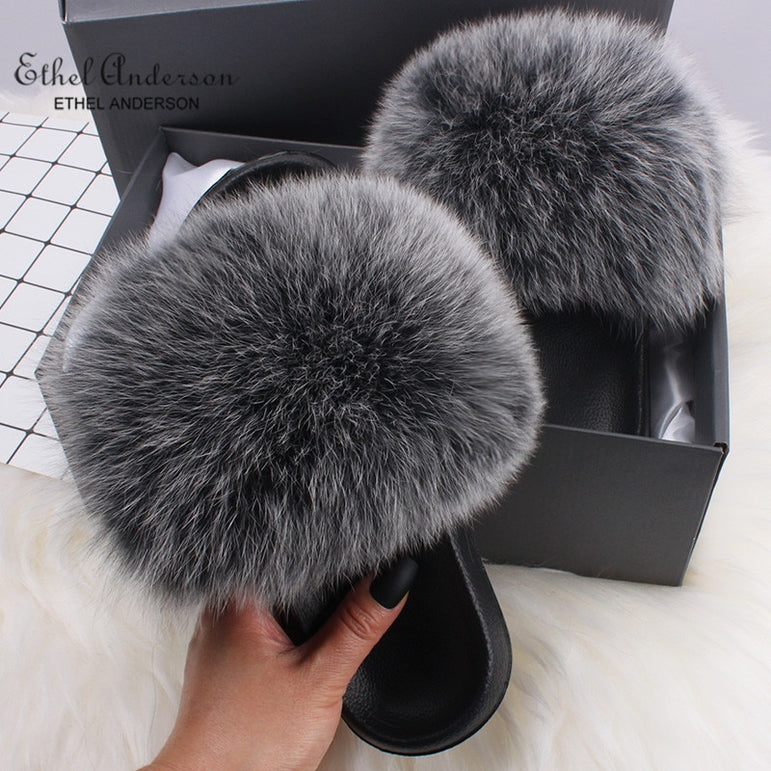 Real Fox Fur Slides Fluffy Slippers