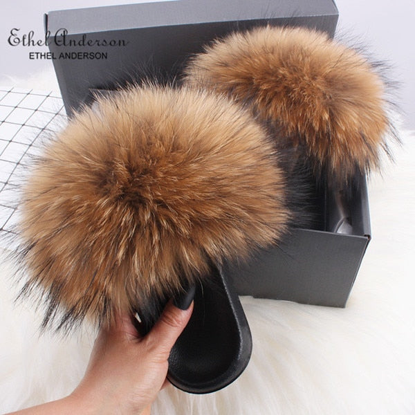 Real Fox Fur Slides Fluffy Slippers