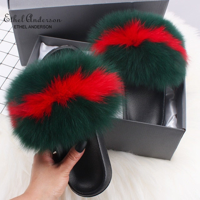 Real Fox Fur Slides Fluffy Slippers