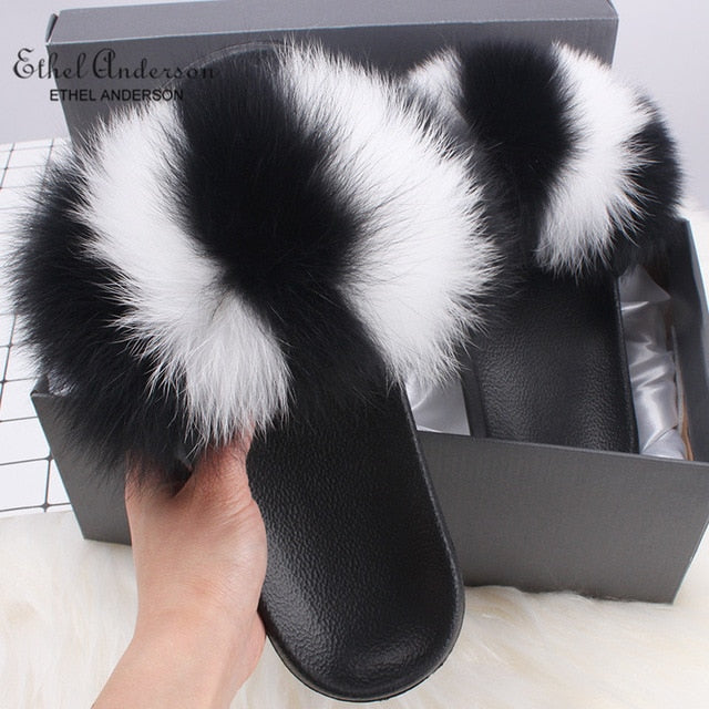 Real Fox Fur Slides Fluffy Slippers