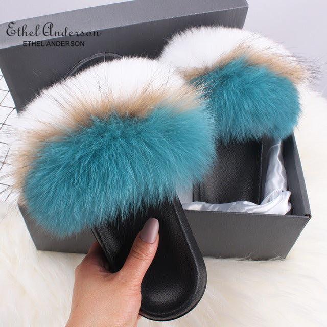 Real Fox Fur Slides Fluffy Slippers