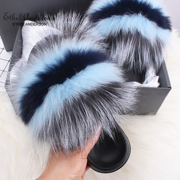 Real Fox Fur Slides Fluffy Slippers