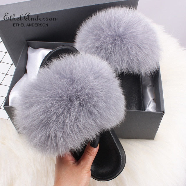 Real Fox Fur Slides Fluffy Slippers