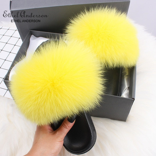 Real Fox Fur Slides Fluffy Slippers