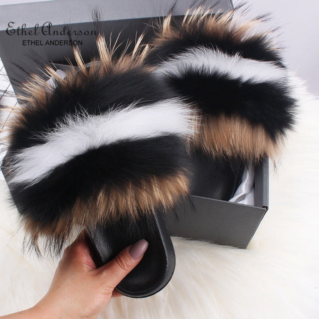 Real Fox Fur Slides Fluffy Slippers