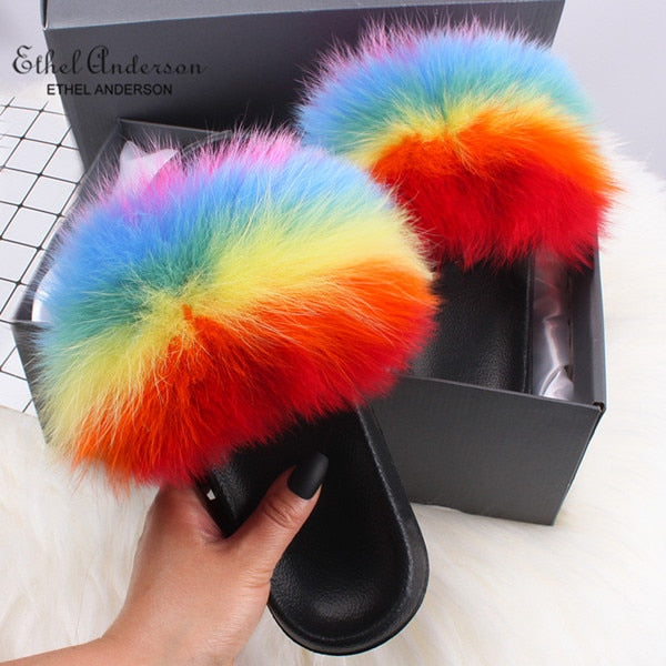 Real Fox Fur Slides Fluffy Slippers