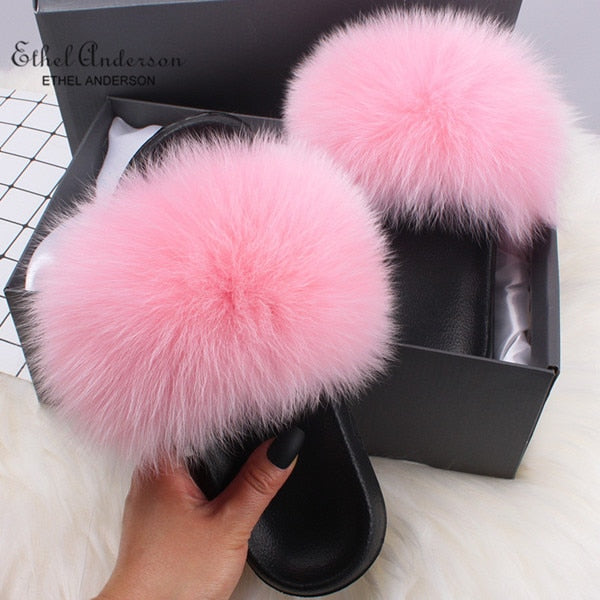 Real Fox Fur Slides Fluffy Slippers