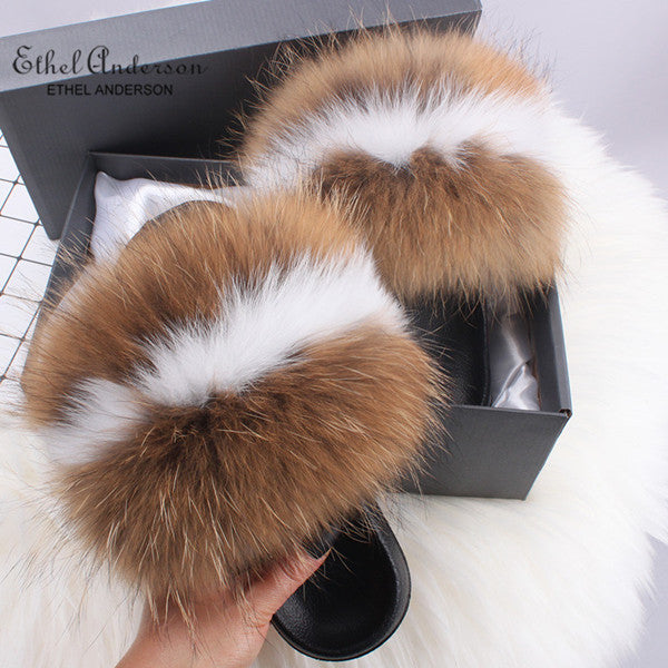 Real Fox Fur Slides Fluffy Slippers