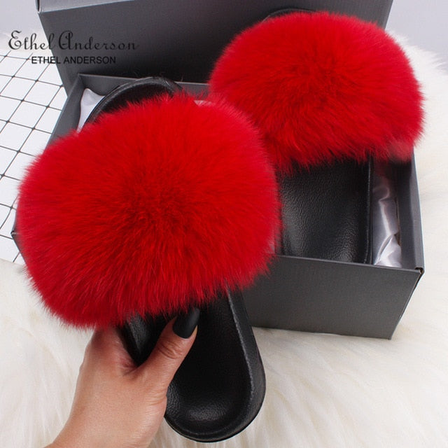 Real Fox Fur Slides Fluffy Slippers