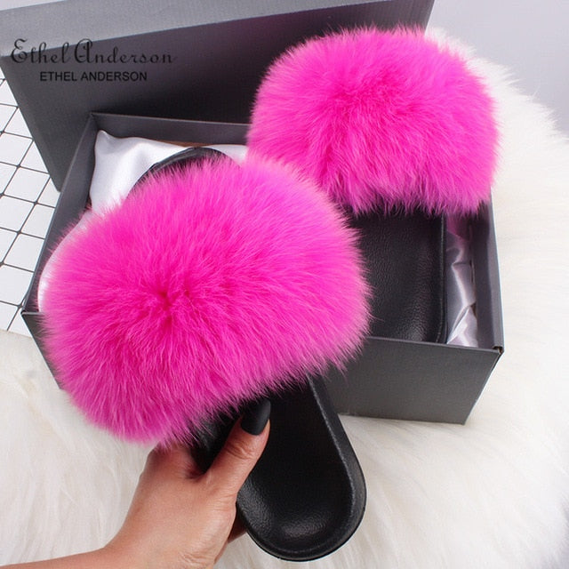 Real Fox Fur Slides Fluffy Slippers