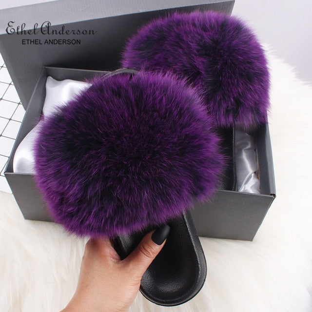 Real Fox Fur Slides Fluffy Slippers