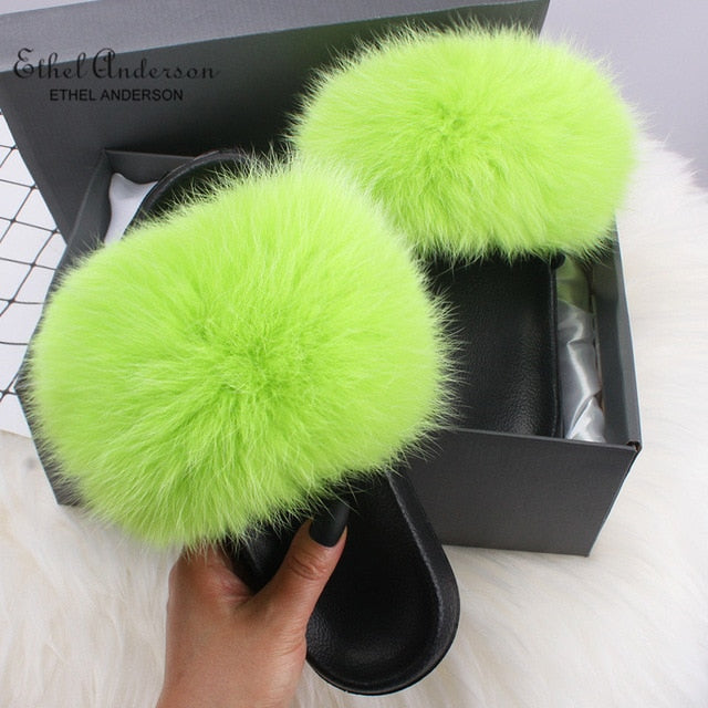 Real Fox Fur Slides Fluffy Slippers