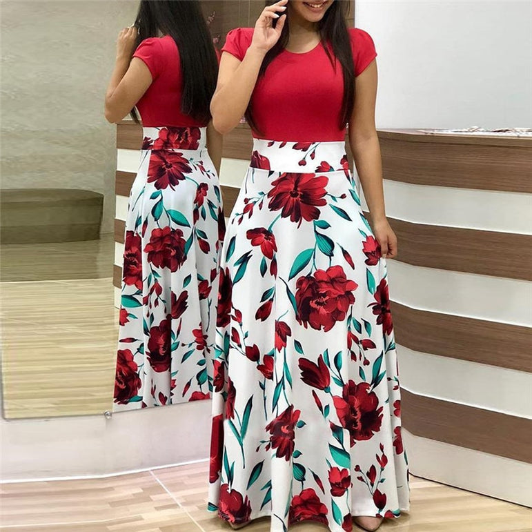 Casual Vintage Floral Print Patchwork Long Dress