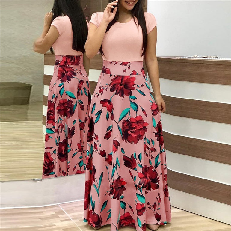 Casual Vintage Floral Print Patchwork Long Dress