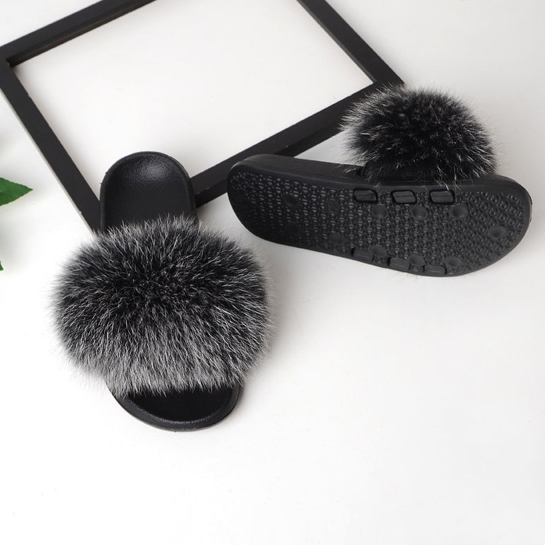 Luxury Real Fox Fur Slides Home Furry Fur Slippers