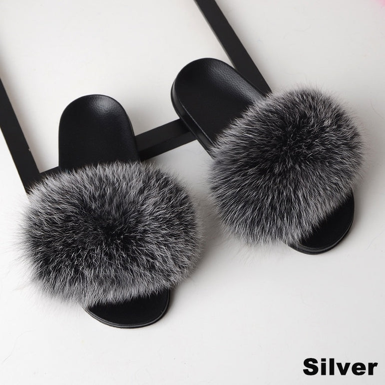 Luxury Real Fox Fur Slides Home Furry Fur Slippers