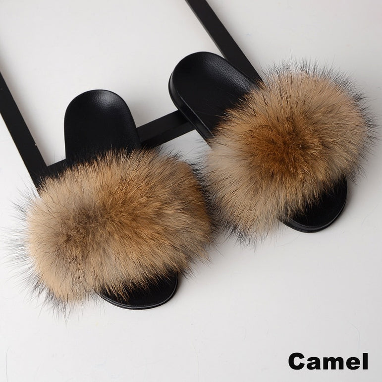 Luxury Real Fox Fur Slides Home Furry Fur Slippers