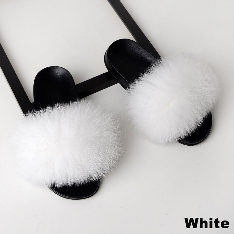 Luxury Real Fox Fur Slides Home Furry Fur Slippers