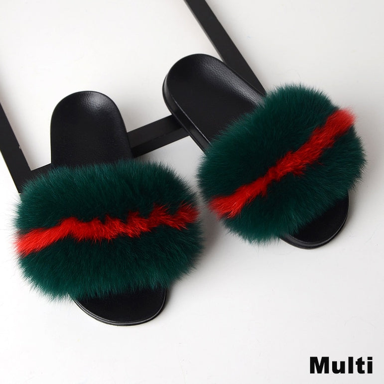 Luxury Real Fox Fur Slides Home Furry Fur Slippers