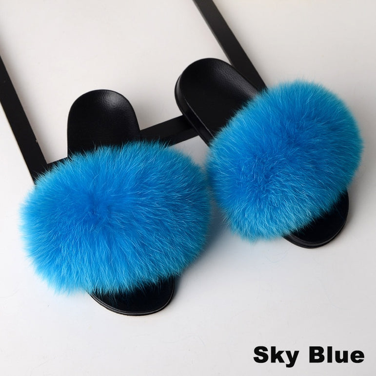 Luxury Real Fox Fur Slides Home Furry Fur Slippers