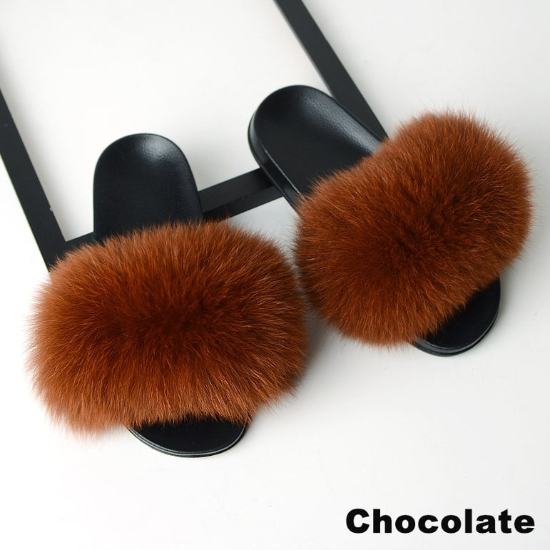 Luxury Real Fox Fur Slides Home Furry Fur Slippers