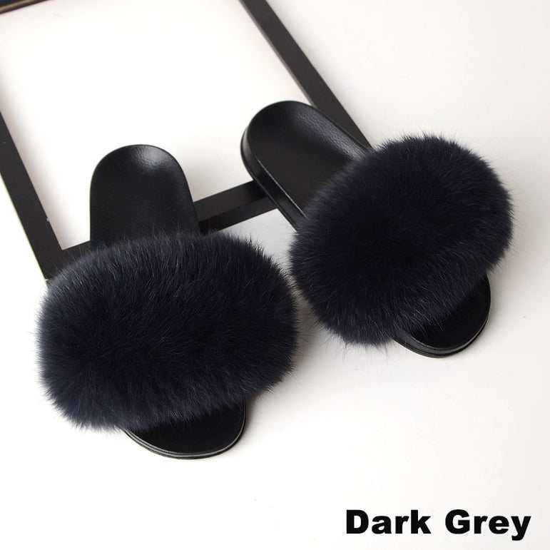 Luxury Real Fox Fur Slides Home Furry Fur Slippers