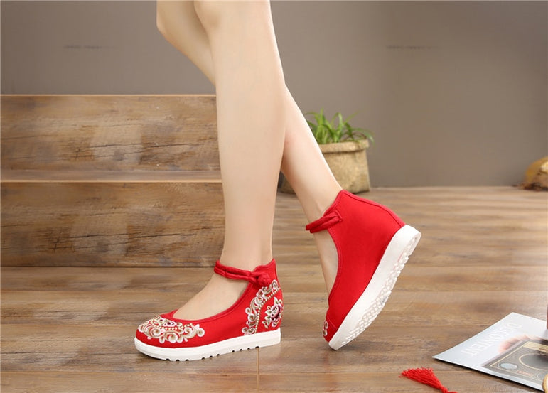 Vintage Women Canvas Increasing Height Ankle Strap Heels