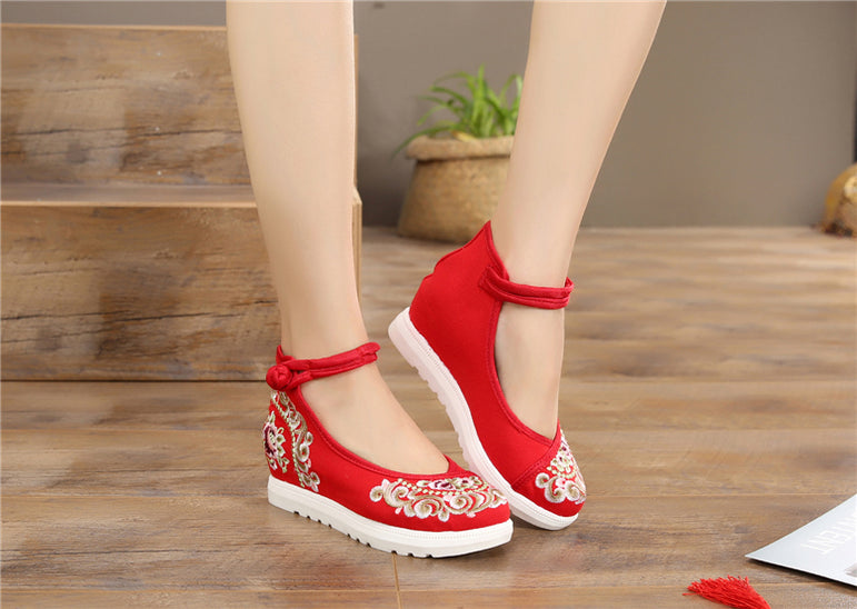 Vintage Women Canvas Increasing Height Ankle Strap Heels