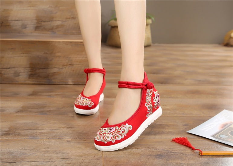 Vintage Women Canvas Increasing Height Ankle Strap Heels