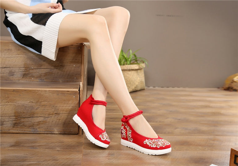 Vintage Women Canvas Increasing Height Ankle Strap Heels