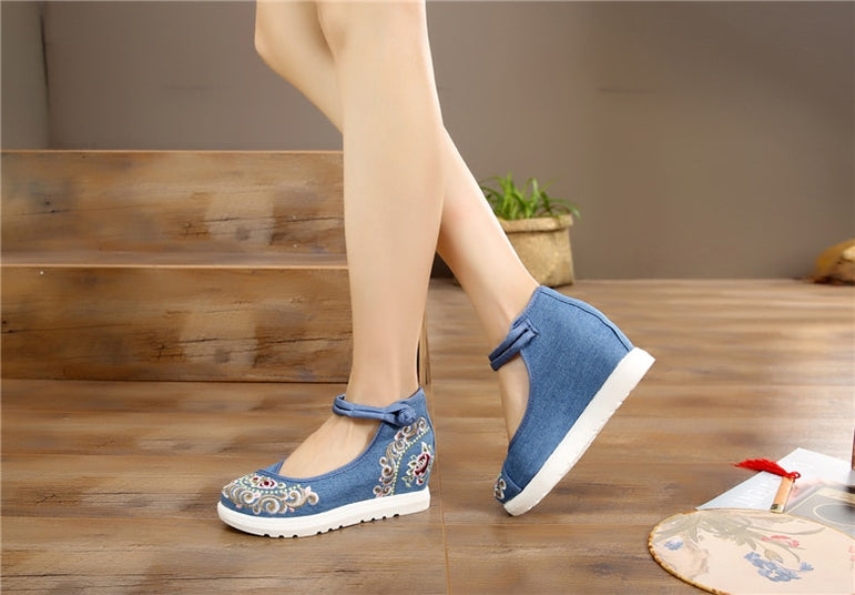 Vintage Women Canvas Increasing Height Ankle Strap Heels