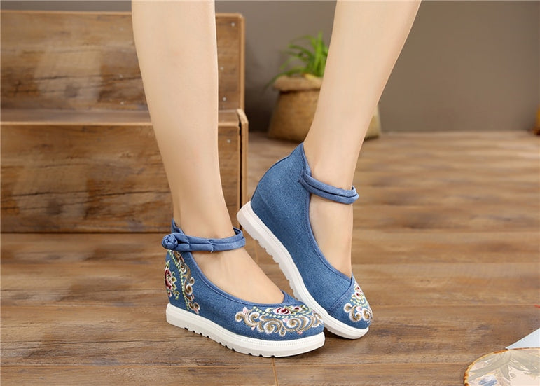 Vintage Women Canvas Increasing Height Ankle Strap Heels