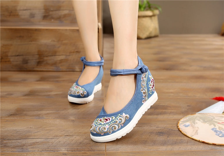 Vintage Women Canvas Increasing Height Ankle Strap Heels