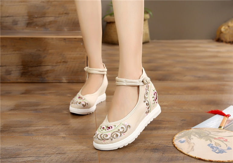 Vintage Women Canvas Increasing Height Ankle Strap Heels