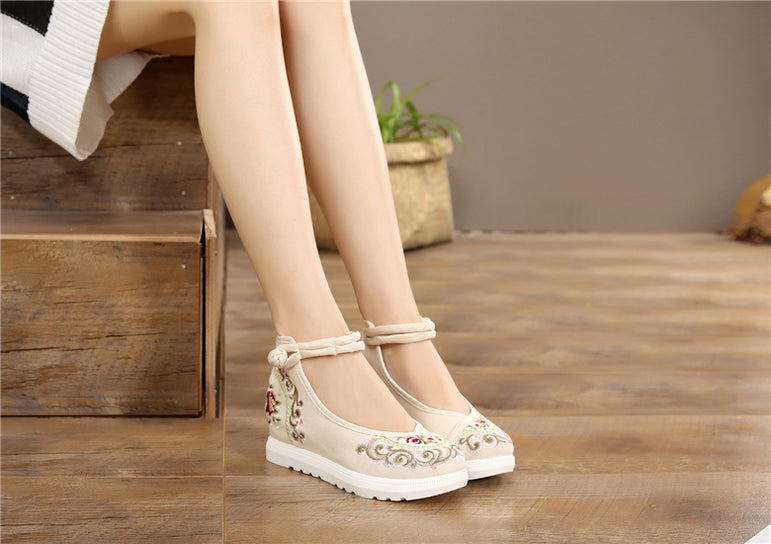 Vintage Women Canvas Increasing Height Ankle Strap Heels