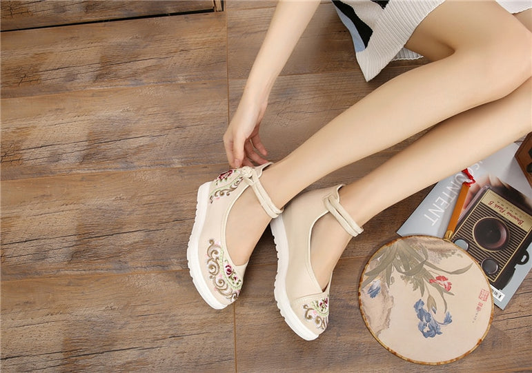 Vintage Women Canvas Increasing Height Ankle Strap Heels