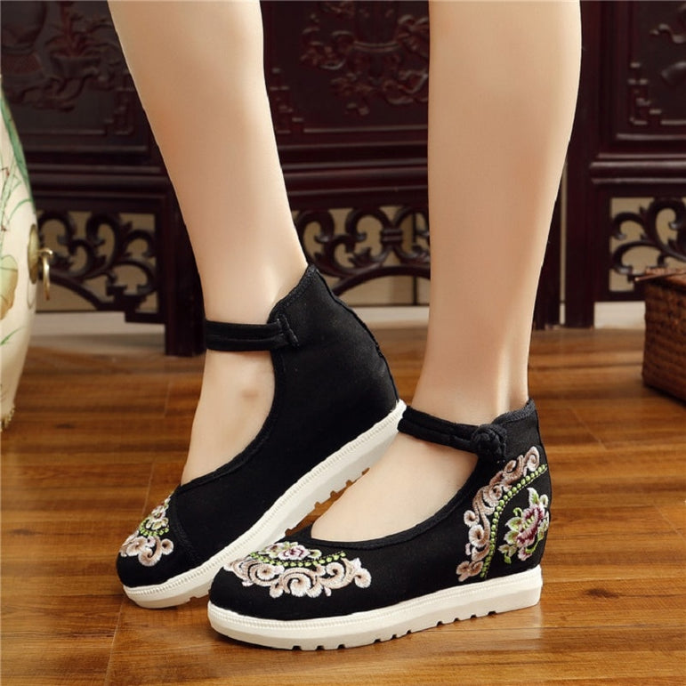 Vintage Women Canvas Increasing Height Ankle Strap Heels