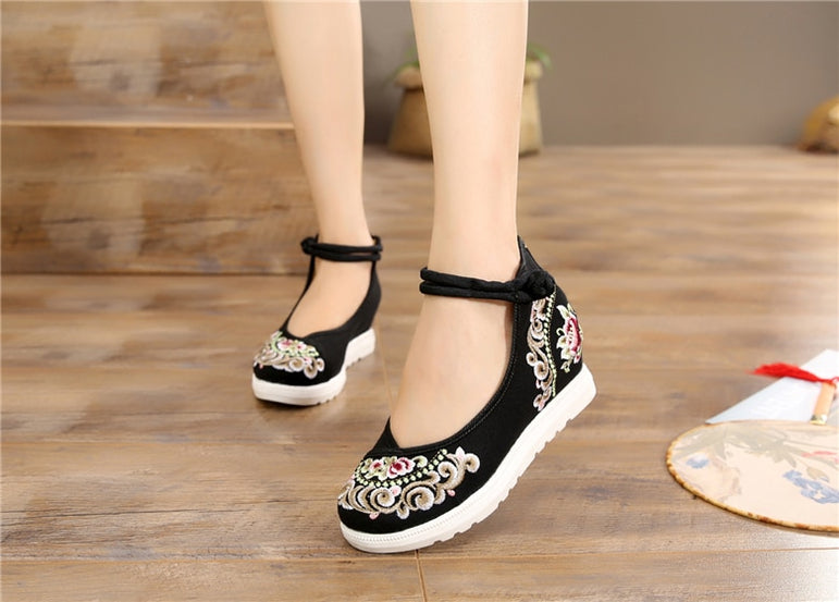 Vintage Women Canvas Increasing Height Ankle Strap Heels