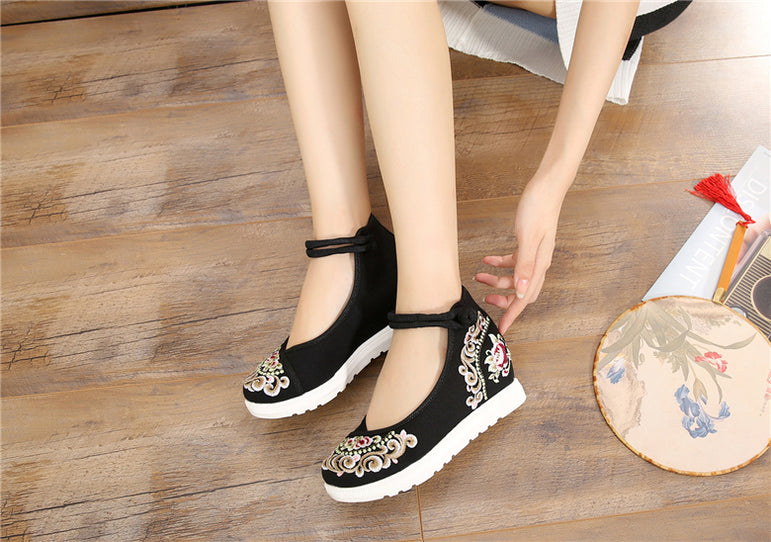 Vintage Women Canvas Increasing Height Ankle Strap Heels