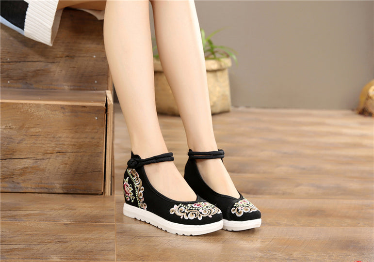 Vintage Women Canvas Increasing Height Ankle Strap Heels