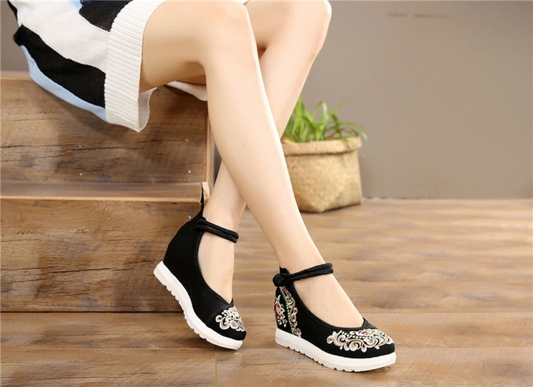 Vintage Women Canvas Increasing Height Ankle Strap Heels