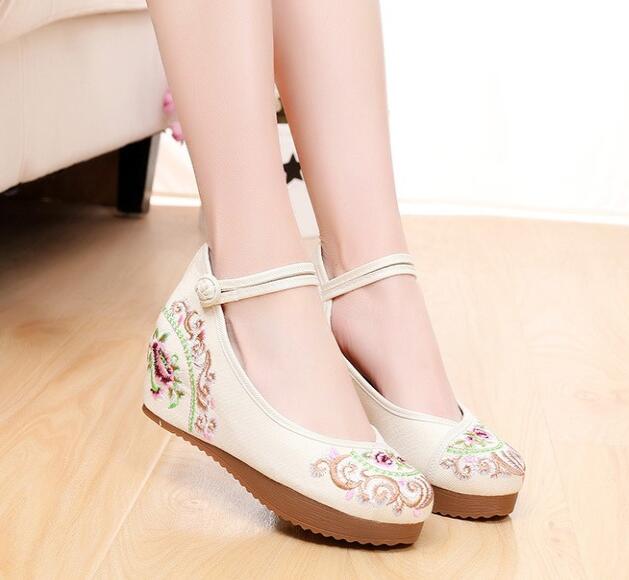 Vintage Women Canvas Increasing Height Ankle Strap Heels