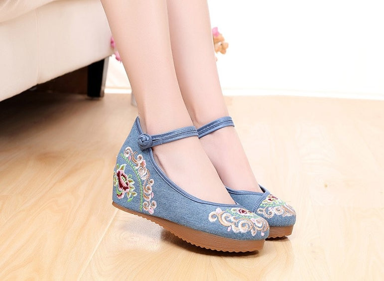 Vintage Women Canvas Increasing Height Ankle Strap Heels