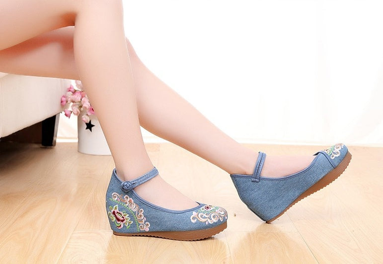 Vintage Women Canvas Increasing Height Ankle Strap Heels