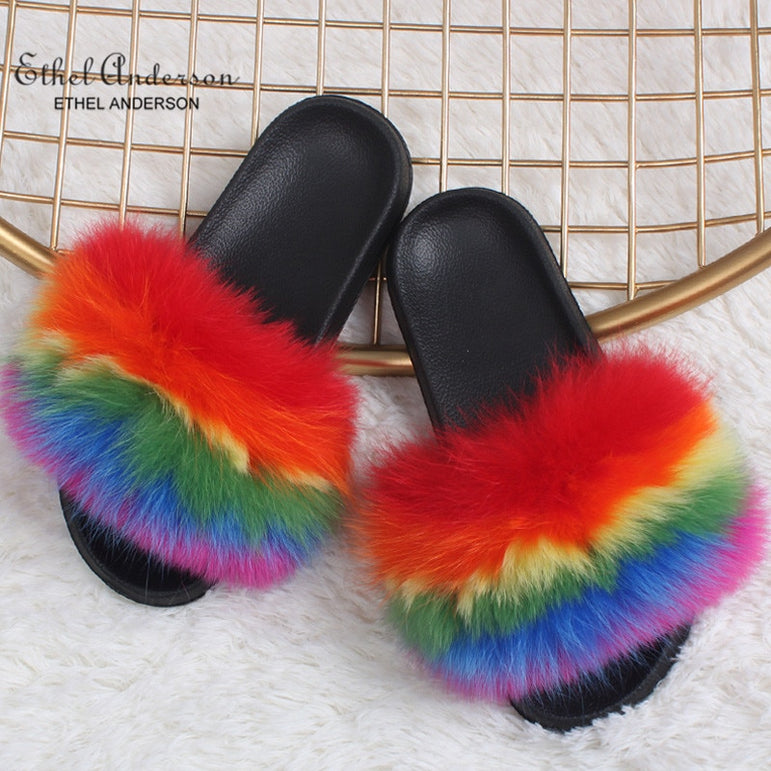 Real Fox Fur Slides Fluffy Slippers