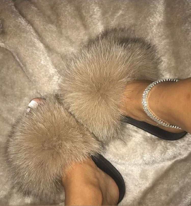 Real Fur Slides Female Indoor Women Fox Fur Slippers