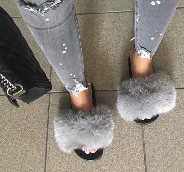 Real Fur Slides Female Indoor Women Fox Fur Slippers