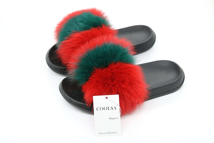 Real Fur Slides Female Indoor Women Fox Fur Slippers