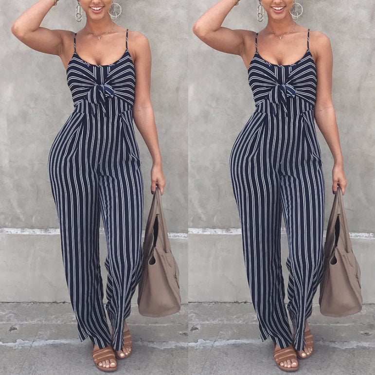 Square Sleeveless Striped Jumpsuit