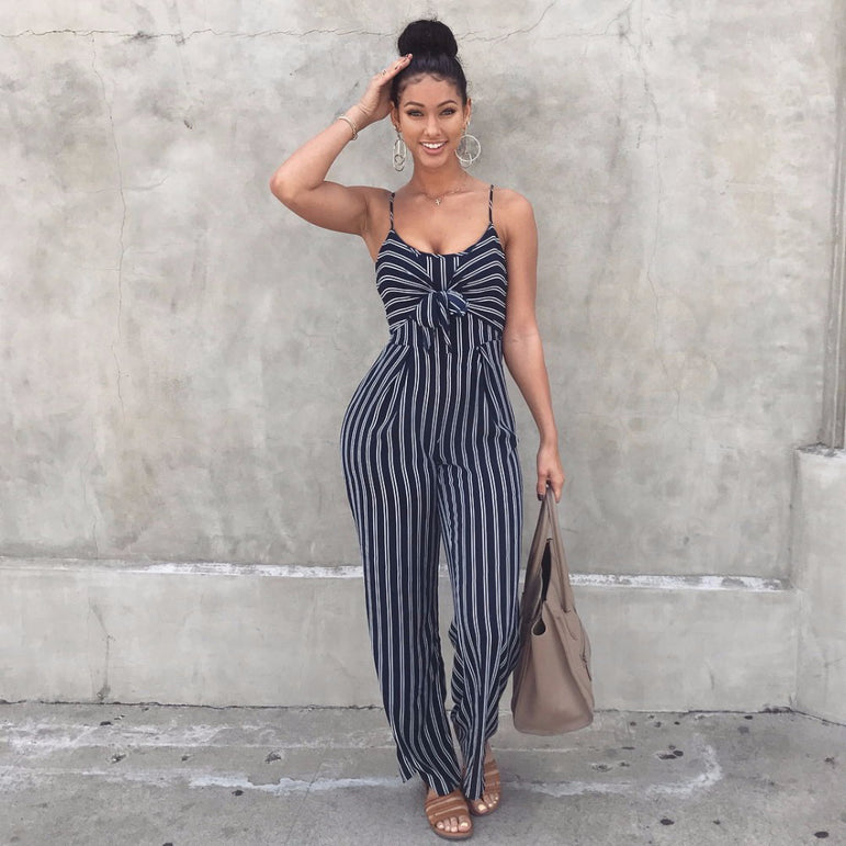 Square Sleeveless Striped Jumpsuit